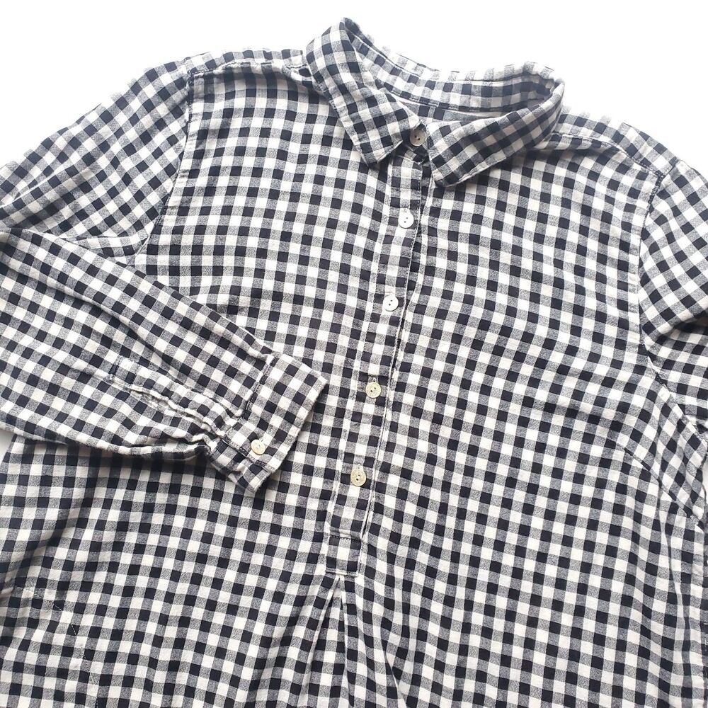 J Jill 100% Cotton Popover Top Sz M Gingham Check Black White Tunic Double Cloth